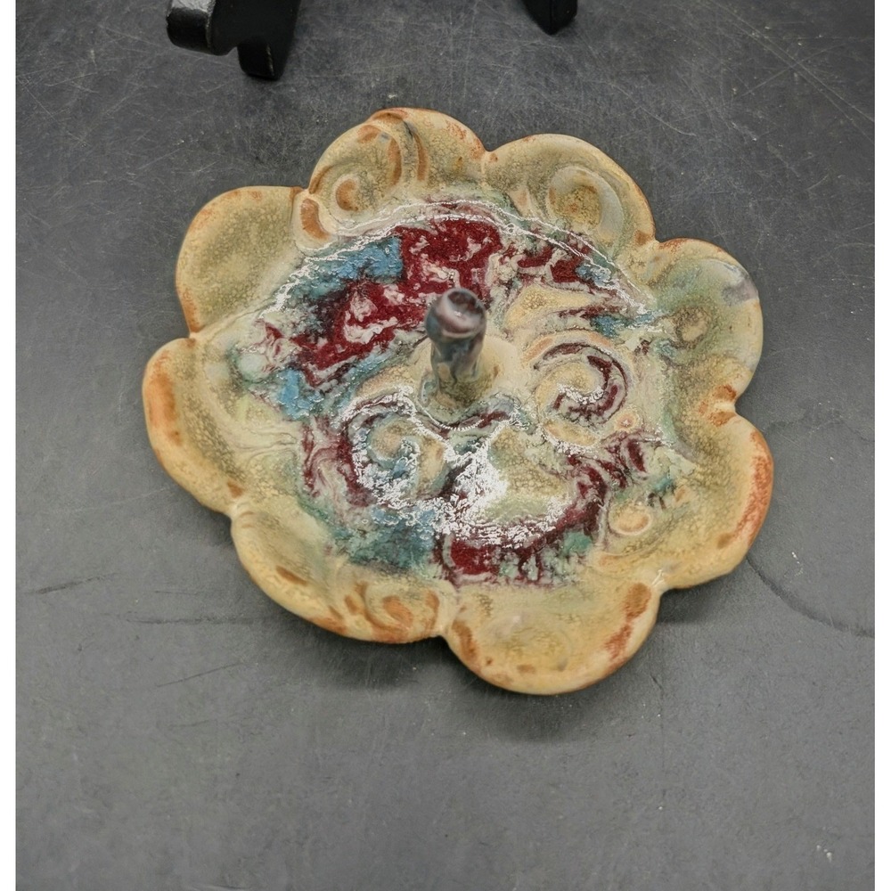 Artisan Studio Pottery Signed JR Scalloped Flower Ring Dish Red Turquoise Glaze